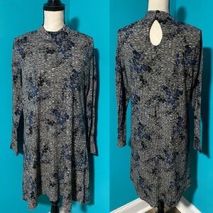 Fifth & Park L Mock Neck Keyhole Back Grey Blue Floral Print A-Line Dress